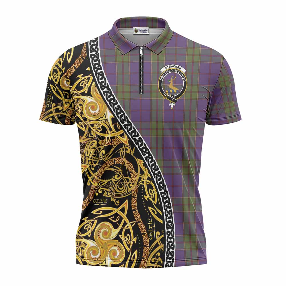Strachan Tartan Crest Zipper Polo Shirt Celtic Knot and Triple Trickle Spiral Symbols