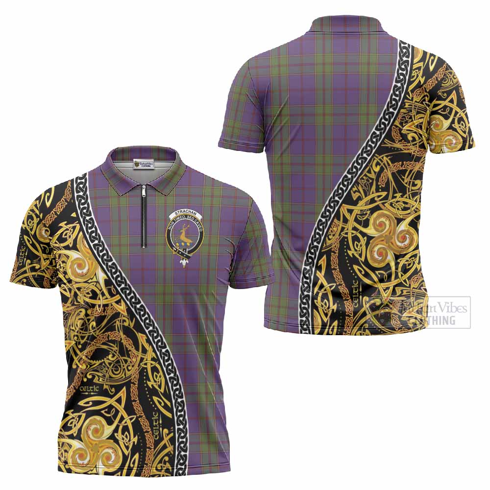 Strachan Tartan Crest Zipper Polo Shirt Celtic Knot and Triple Trickle Spiral Symbols