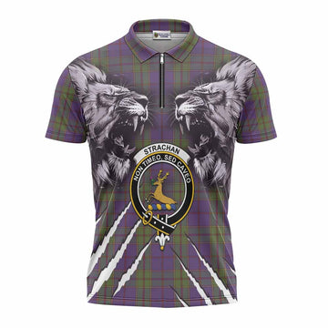 Strachan Tartan Crest Zipper Polo Shirt Ferocious Lion Style