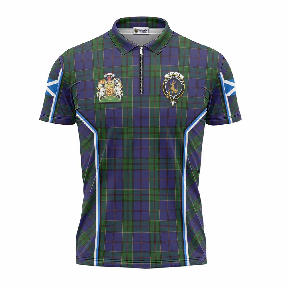 Strachan Tartan Crest Zipper Polo Shirt Scotland Coat of Arm Flag Style - Tartan Vibes Clothing