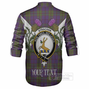 Strachan Tartan Family Crest Ghillie Shirt Scottish Burns Night Thistle Floral