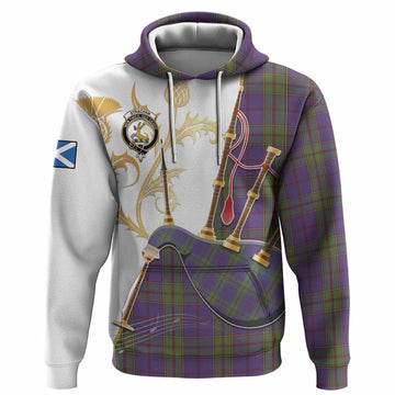 Strachan Tartan Family Crest Hoodie Bagpipes with Scottish Thistle