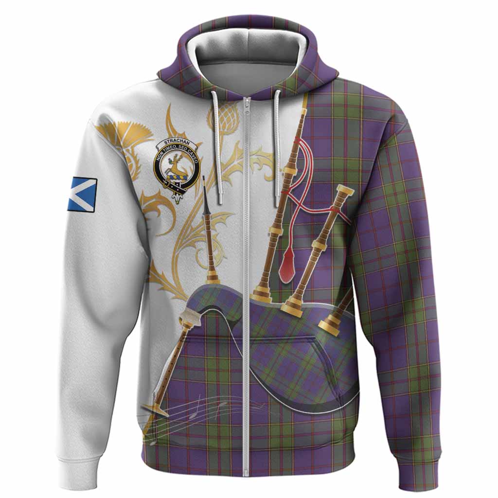 Strachan Tartan Family Crest Hoodie Bagpipes with Scottish Thistle