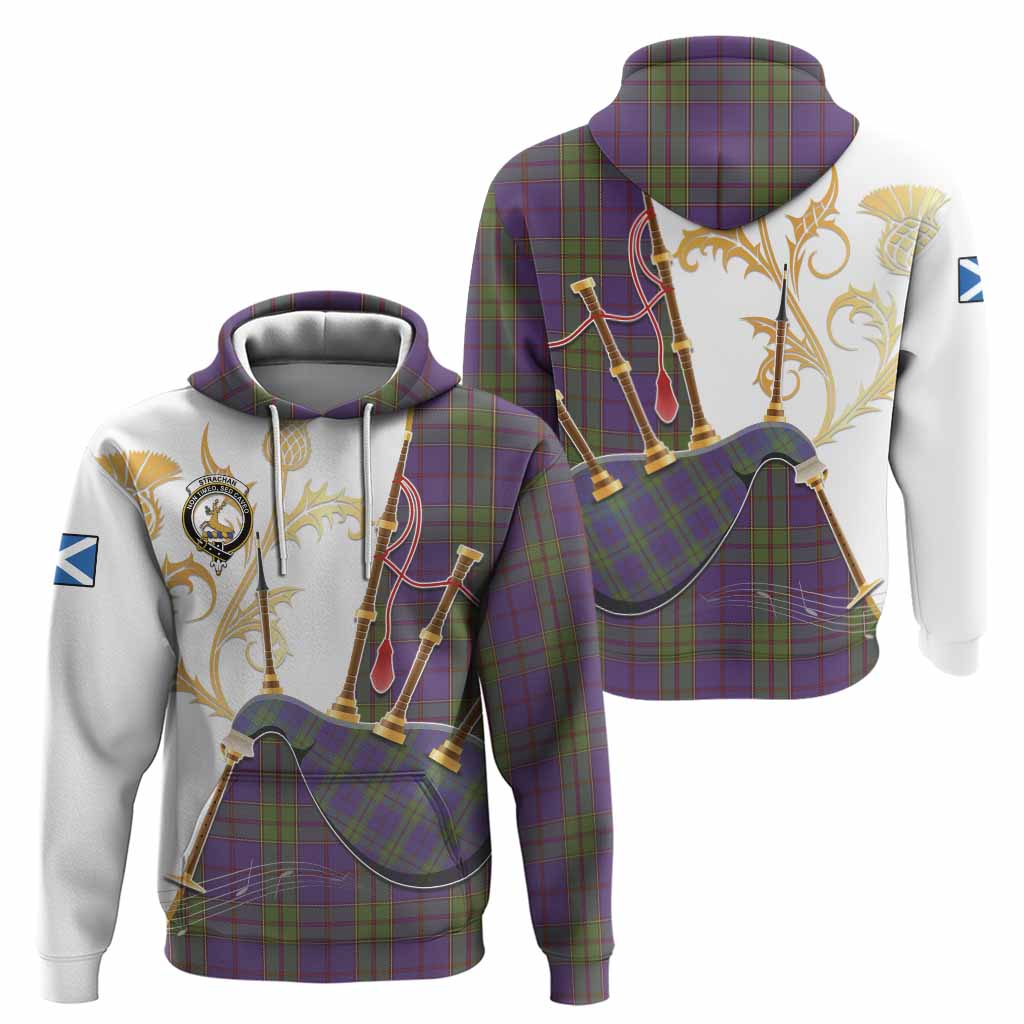 Strachan Tartan Family Crest Hoodie Bagpipes with Scottish Thistle