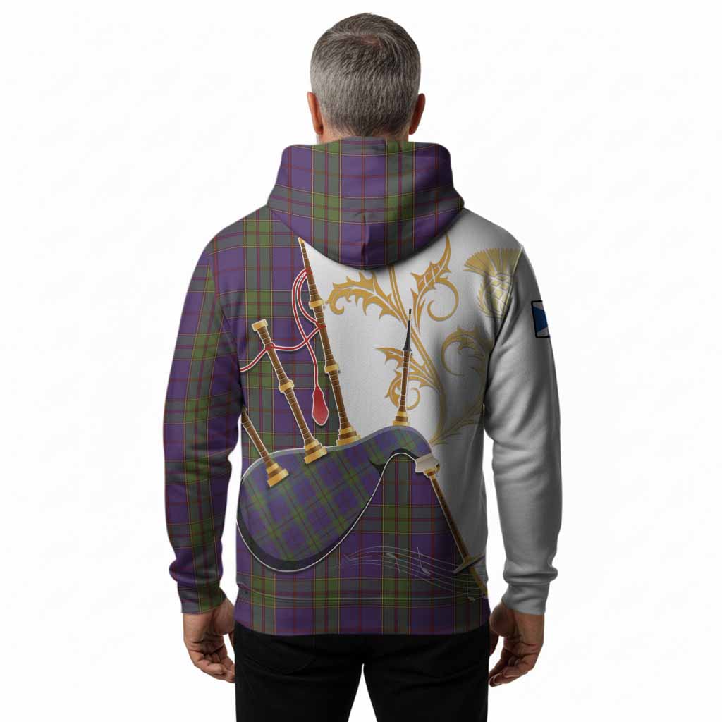Strachan Tartan Family Crest Hoodie Bagpipes with Scottish Thistle