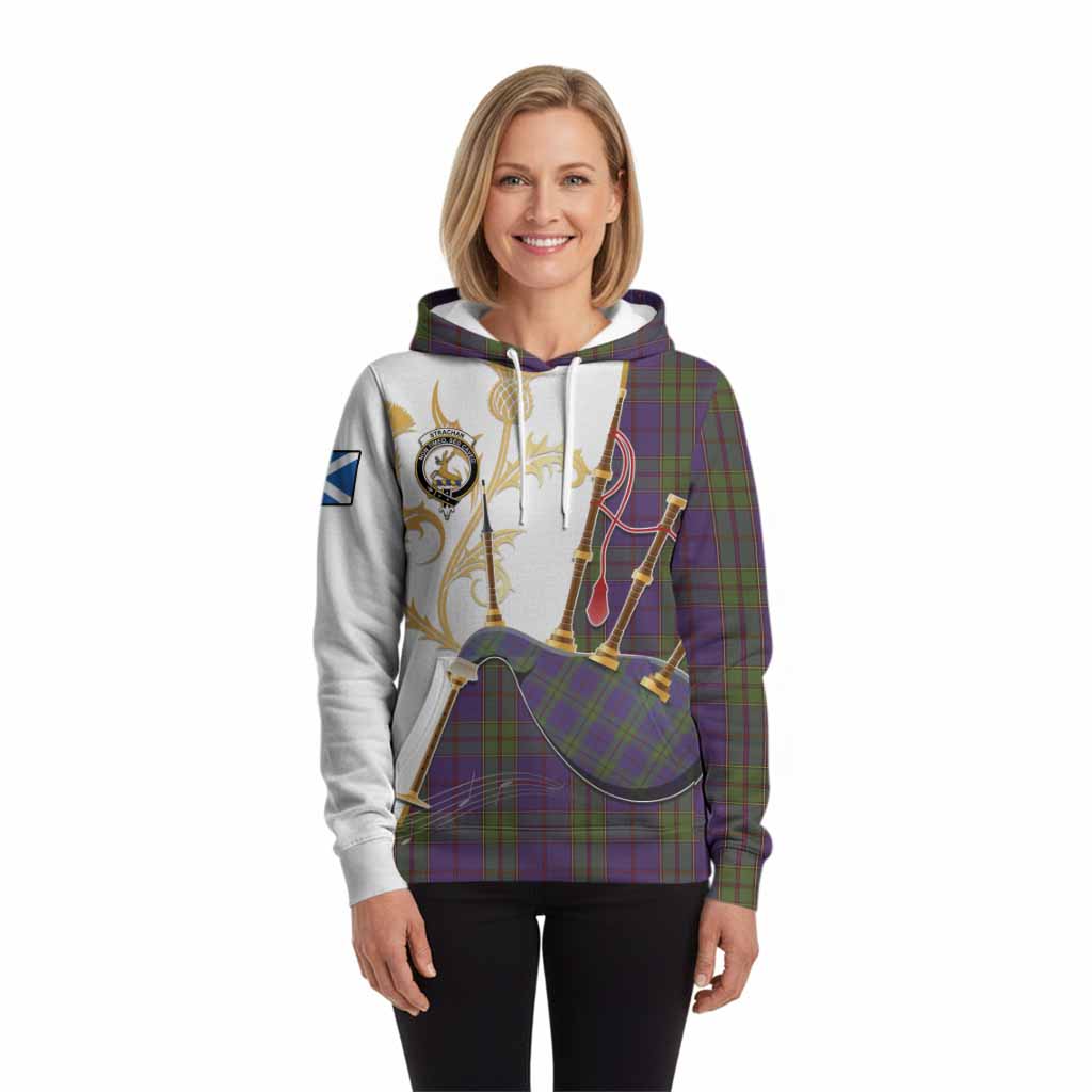 Strachan Tartan Family Crest Hoodie Bagpipes with Scottish Thistle