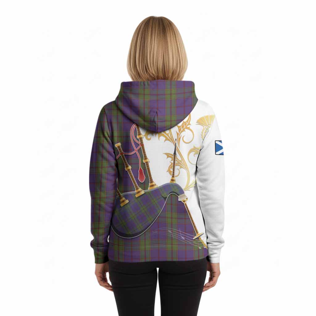 Strachan Tartan Family Crest Hoodie Bagpipes with Scottish Thistle