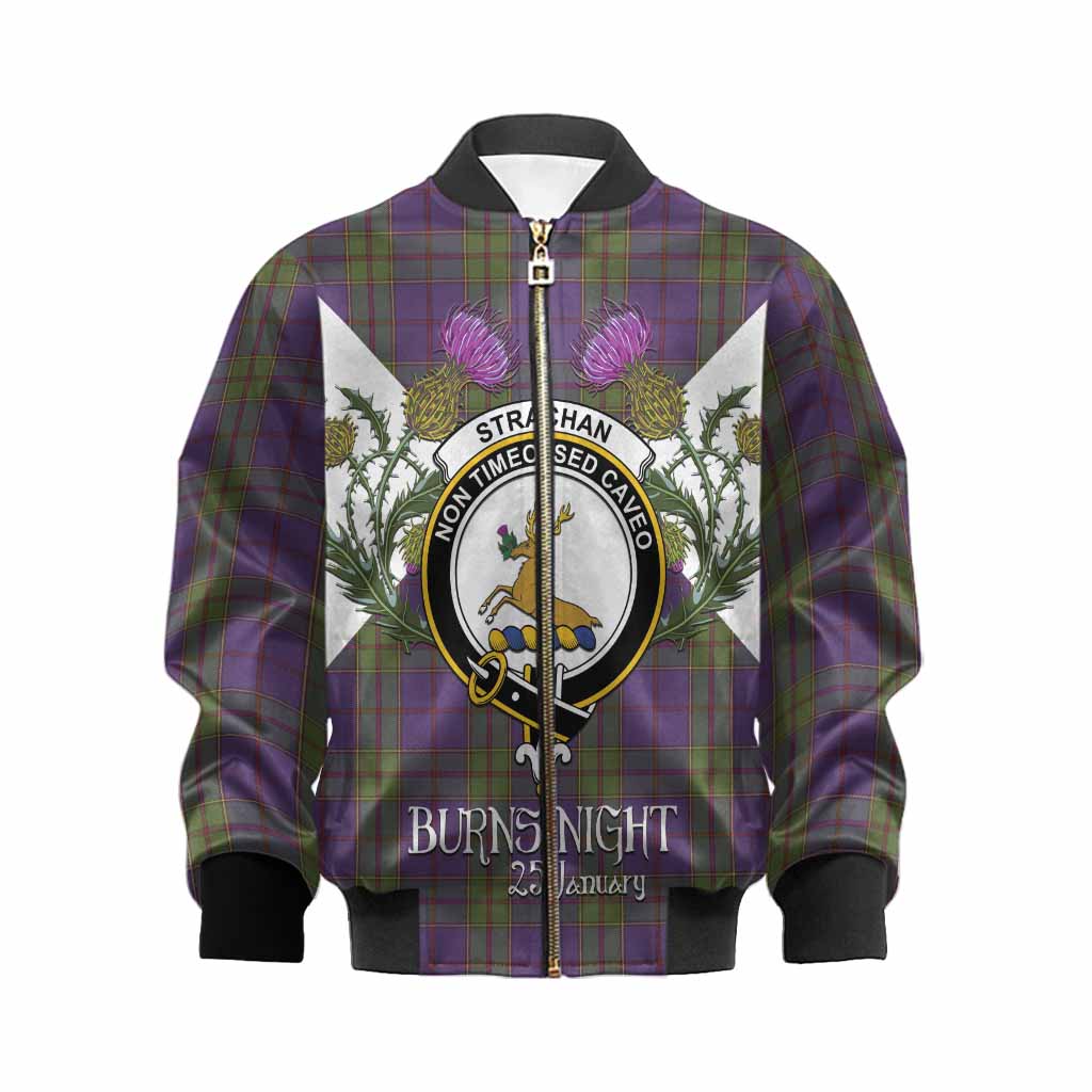 Strachan Tartan Family Crest Kid Bomber Jacket Scottish Burns Night Thistle Floral