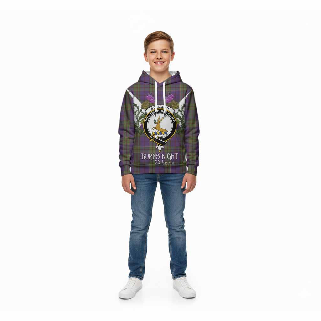 Strachan Tartan Family Crest Kid Hoodie Scottish Burns Night Thistle Floral