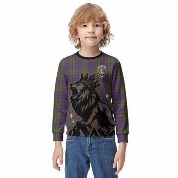 Strachan Tartan Family Crest Kid Knitted Sweatshirt Crowned Lion Roaring