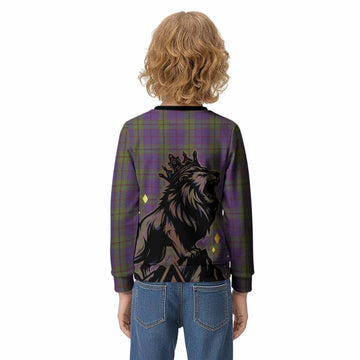 Strachan Tartan Family Crest Kid Knitted Sweatshirt Crowned Lion Roaring