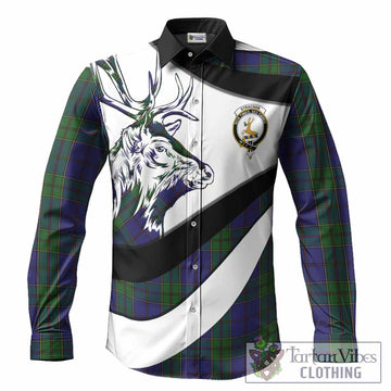 Strachan Tartan Family Crest Long Sleeve Button Shirts Scottish Red Deer Curves Style