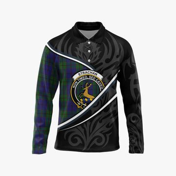 Strachan Tartan Family Crest Long Sleeve Polo Shirt Celtic Scottish Thistle Floral