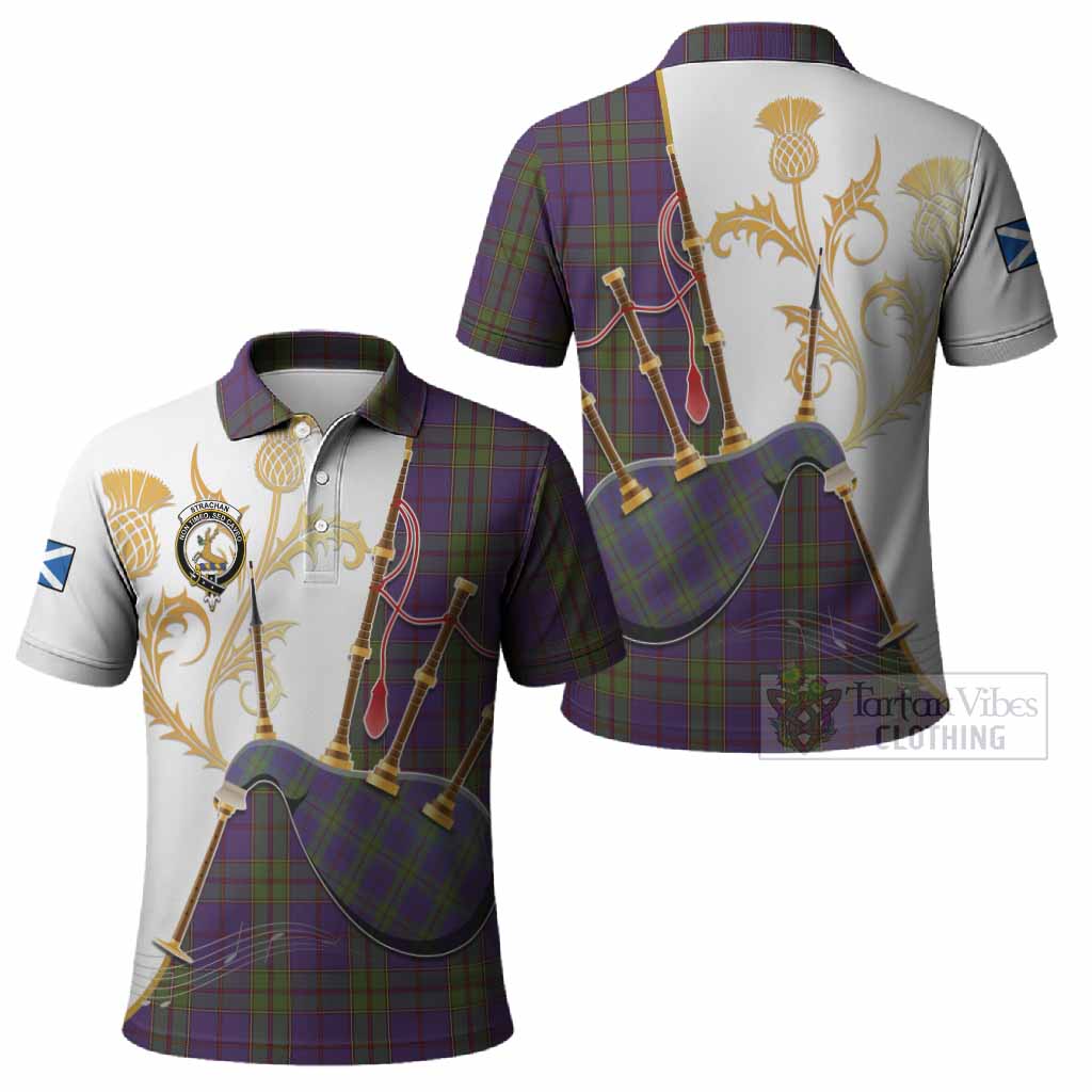 Strachan Tartan Family Crest Polo Shirt Bagpipes with Scottish Thistle
