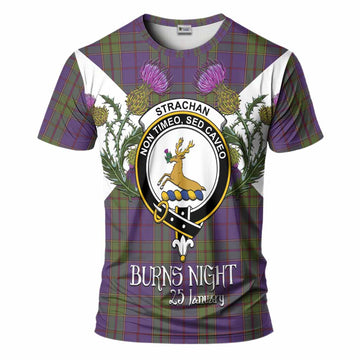 Strachan Tartan Family Crest T-Shirt Scottish Burns Night Thistle Floral