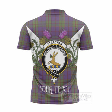 Strachan Tartan Family Crest Zipper Polo Shirt Scottish Burns Night Thistle Floral