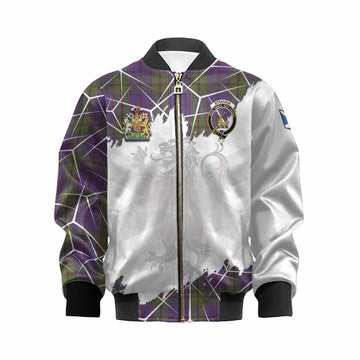 Strachan Tartan Kid Bomber Jacket with Family Crest and Lion Rampant Grunge Style