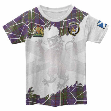 Strachan Tartan Kid T-shirt with Family Crest and Lion Rampant Grunge Style