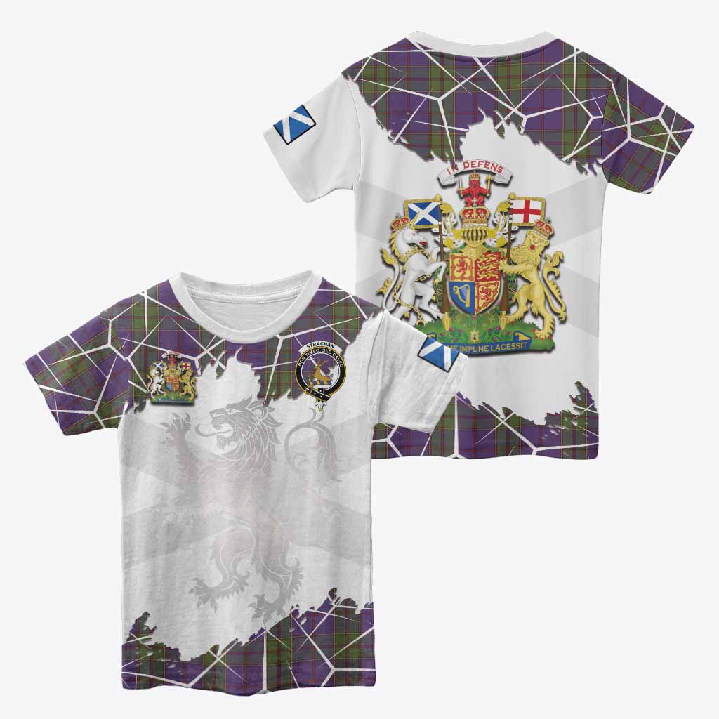 Strachan Tartan Kid T-shirt with Family Crest and Lion Rampant Grunge Style