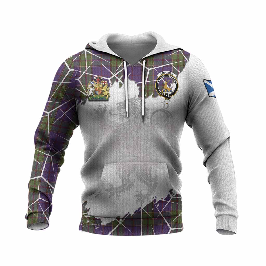 Strachan Tartan Knitted Hoodie with Family Crest and Lion Rampant Grunge Style