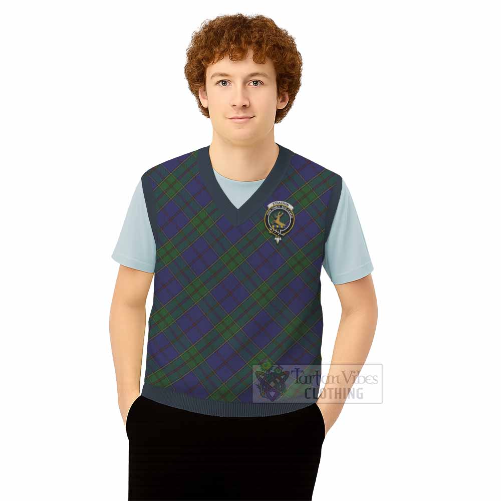 Strachan Tartan Knitted V-Neck Vest with Family Crest Cross Style