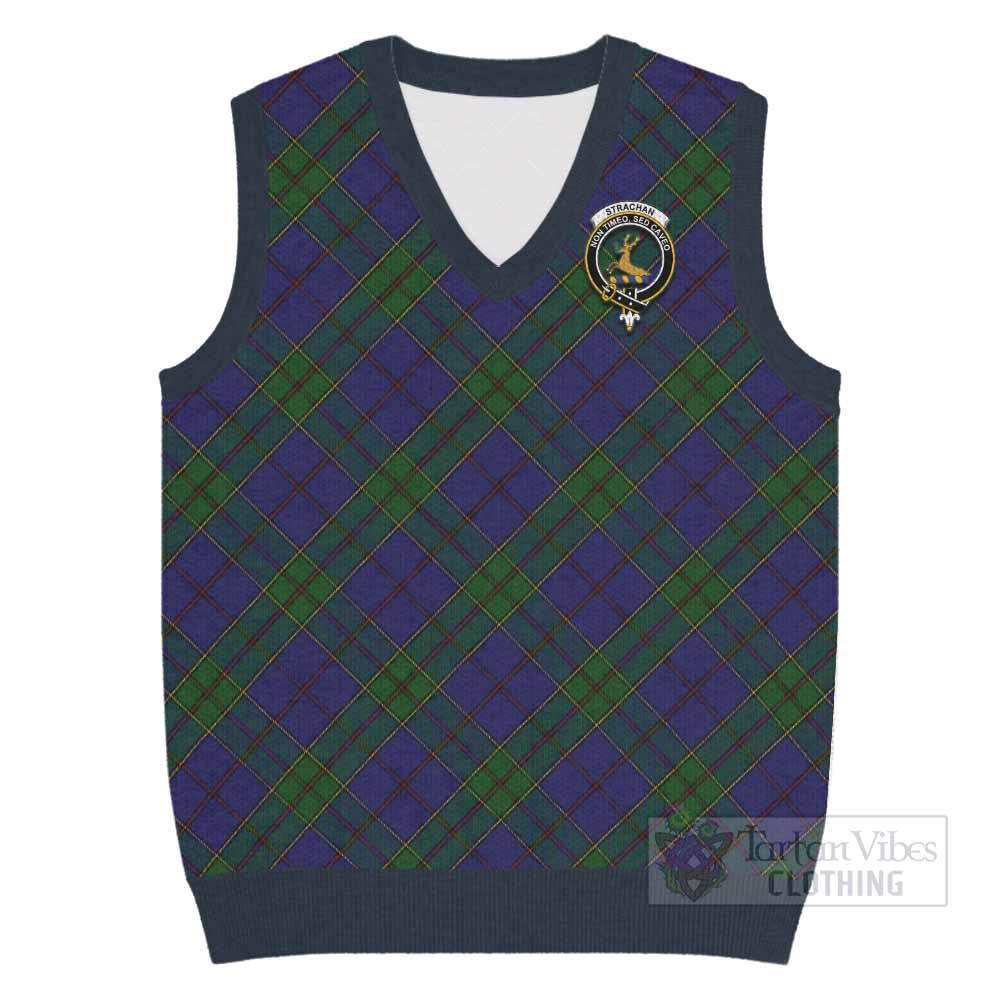 Strachan Tartan Knitted V-Neck Vest with Family Crest Cross Style