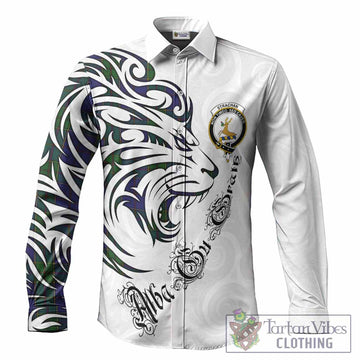 Strachan Tartan Lion Roar Long Sleeve Button Shirts Alba Gu Brath with Celtic Motifs