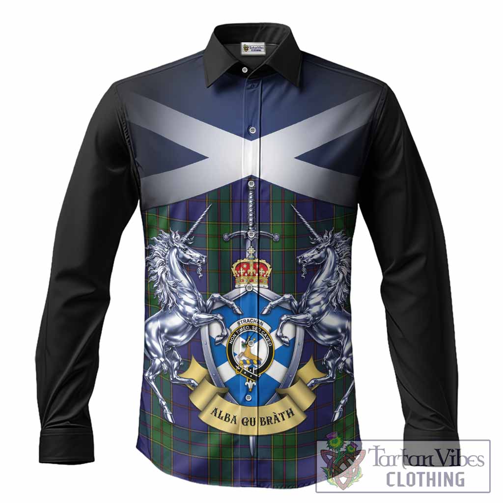 Strachan Tartan Long Sleeve Button Shirts Alba Gu Brath Unicorn Crest