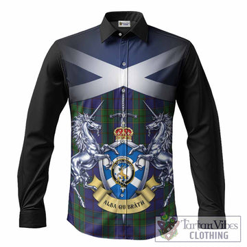 Strachan Tartan Long Sleeve Button Shirts Alba Gu Brath Unicorn Crest