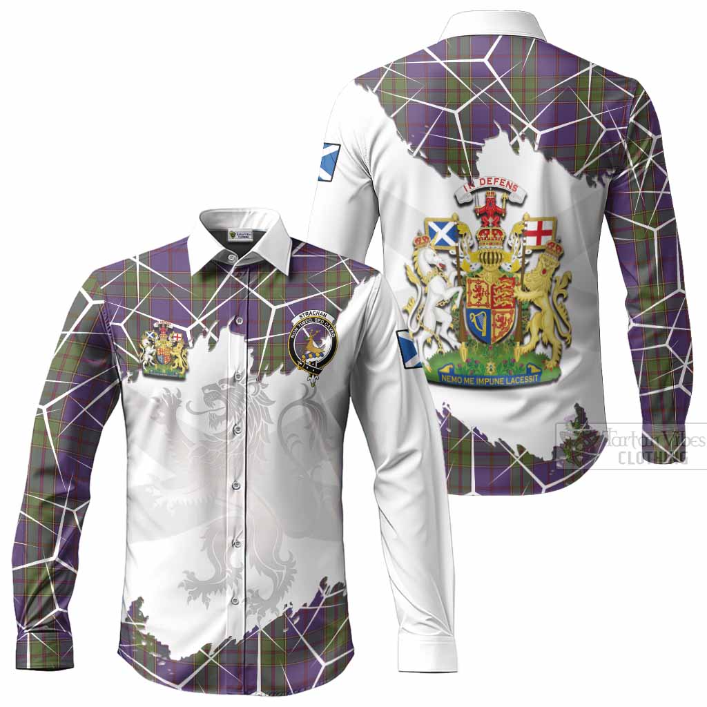 Strachan Tartan Long Sleeve Button Shirts with Family Crest and Lion Rampant Grunge Style