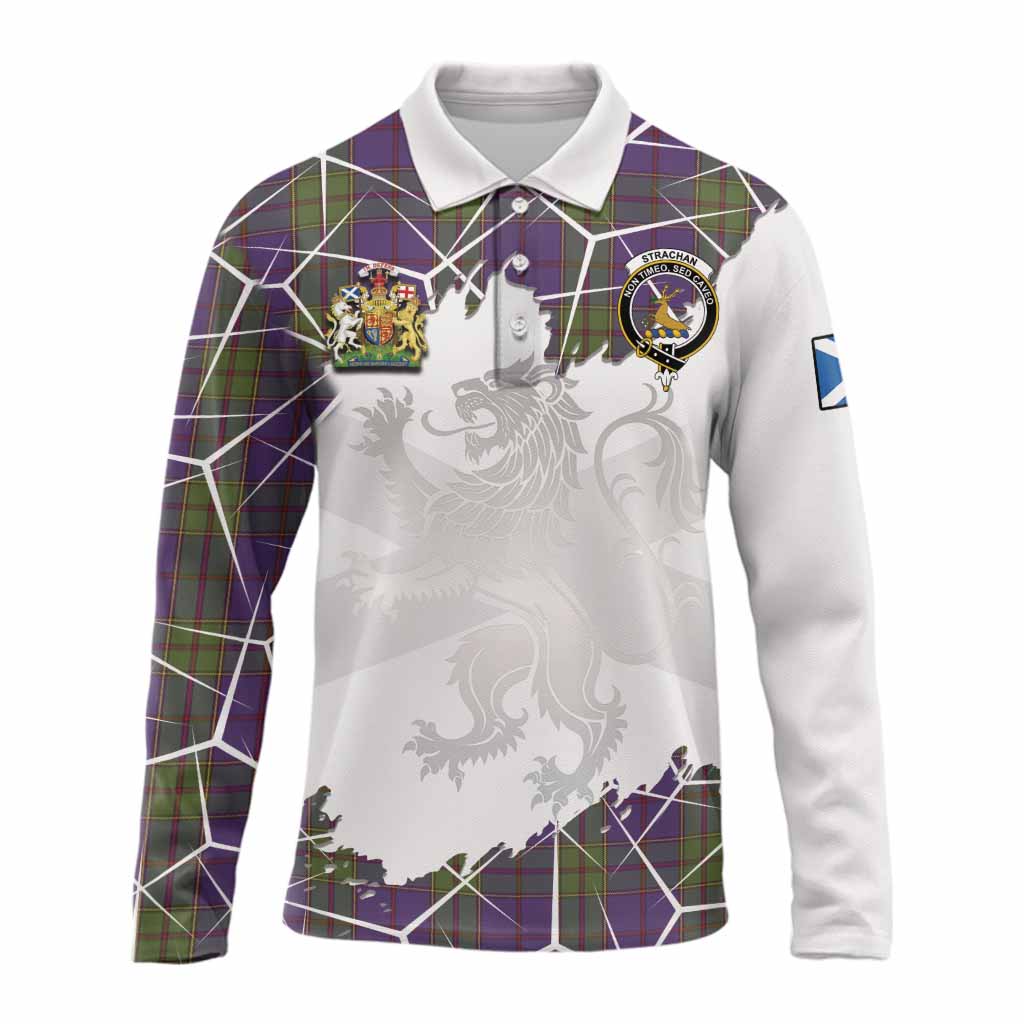 Strachan Tartan Long Sleeve Polo Shirt with Family Crest and Lion Rampant Grunge Style