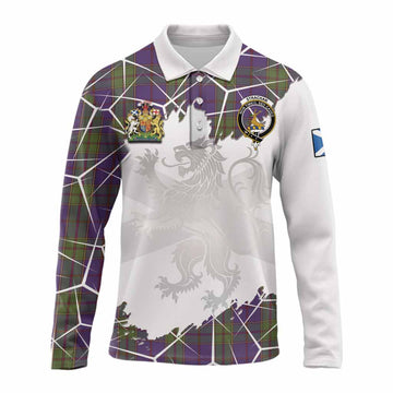 Strachan Tartan Long Sleeve Polo Shirt with Family Crest and Lion Rampant Grunge Style