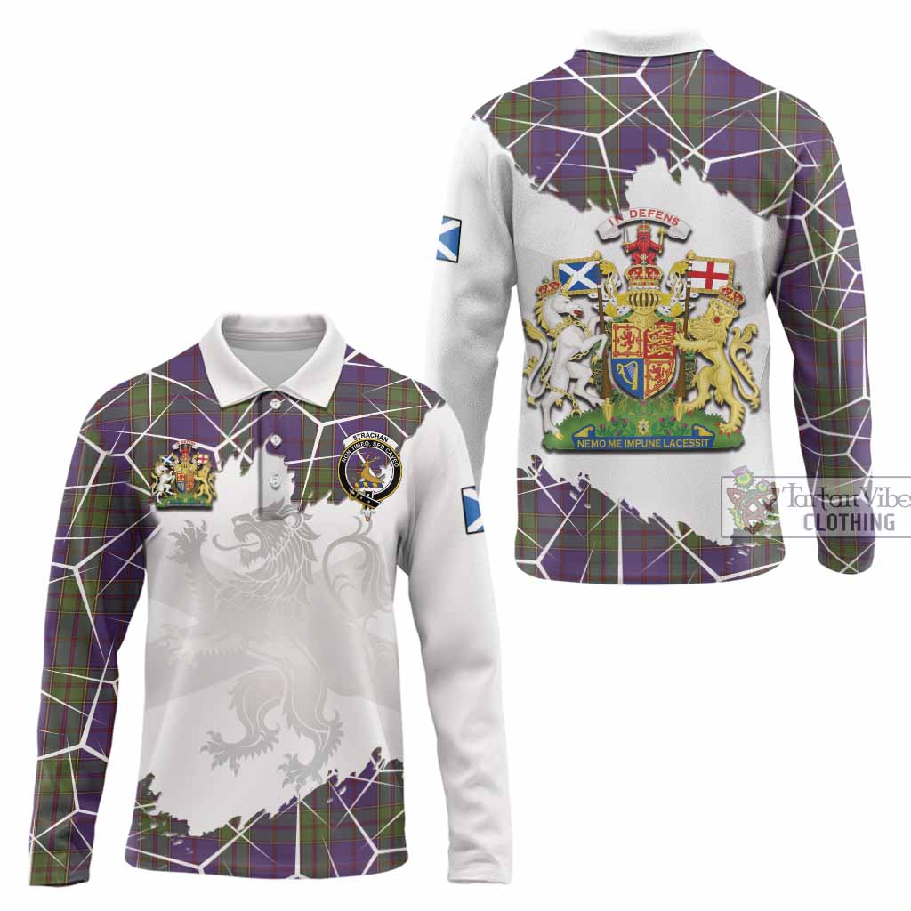 Strachan Tartan Long Sleeve Polo Shirt with Family Crest and Lion Rampant Grunge Style