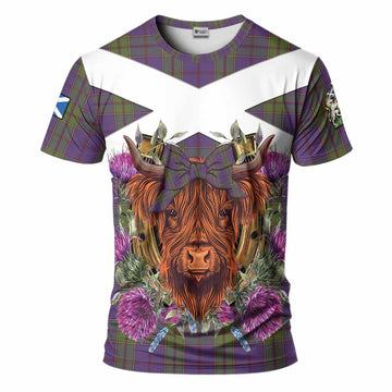 Strachan Tartan T-Shirt Scottish Thistle Heilan Coo