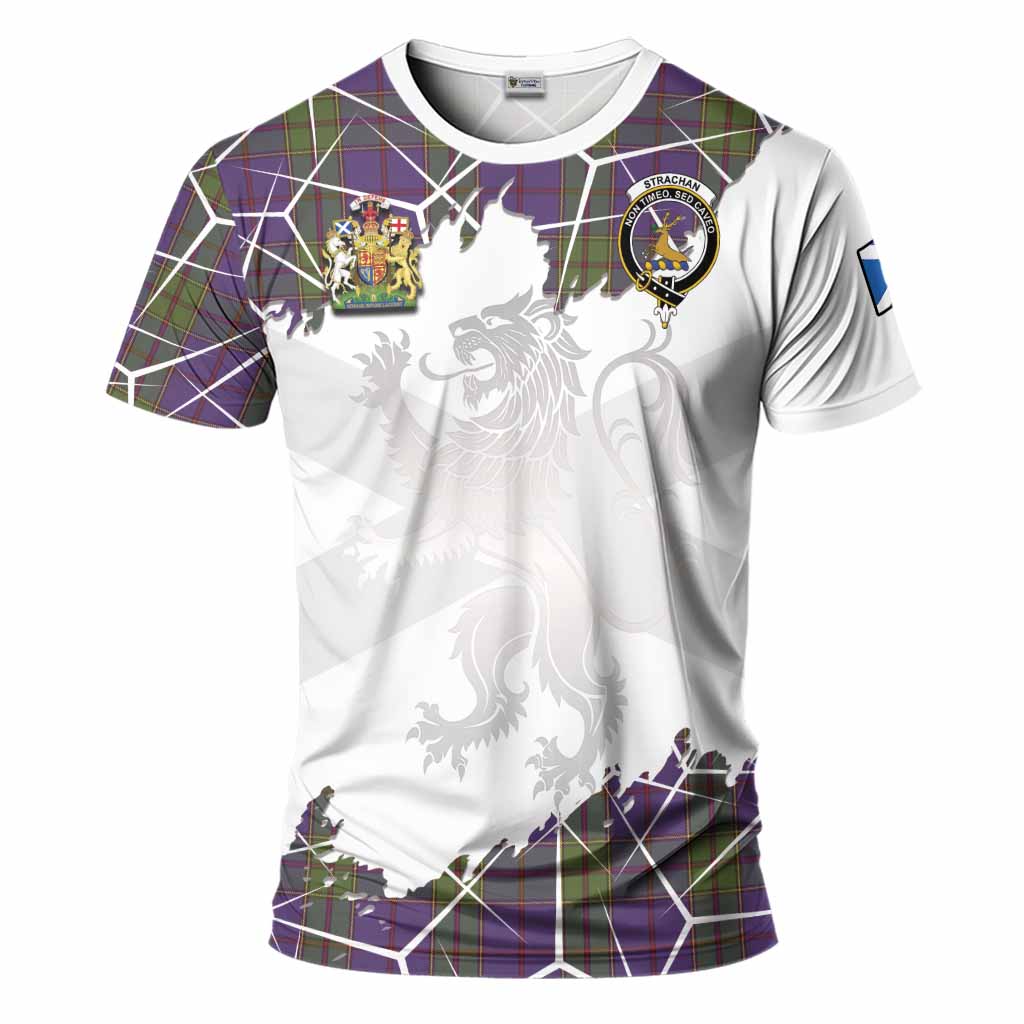 Strachan Tartan T-Shirt with Family Crest and Lion Rampant Grunge Style