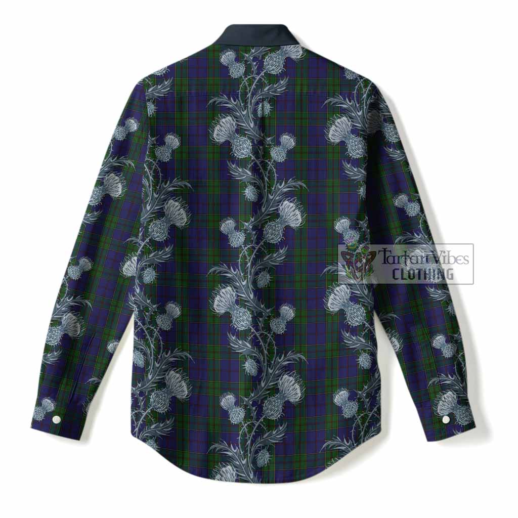 Strachan Tartan Women Casual Shirt Seamless Scottish Thistle Flowers