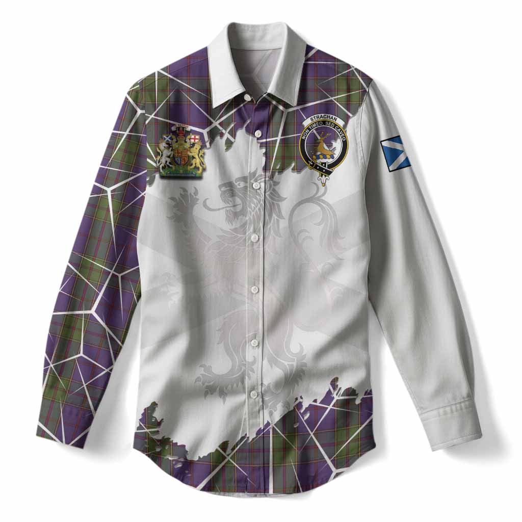 Strachan Tartan Women Casual Shirt with Family Crest and Lion Rampant Grunge Style