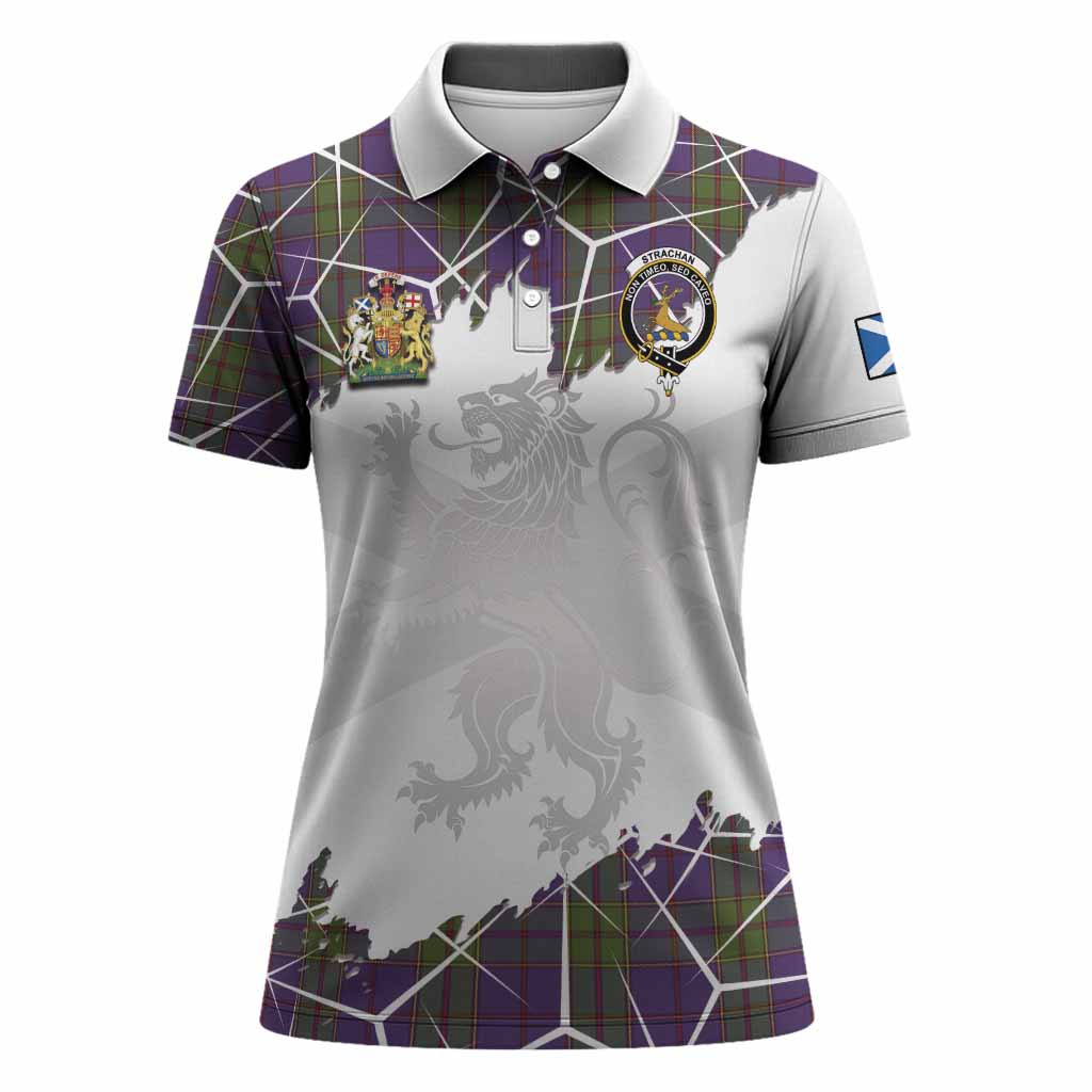 Strachan Tartan Women Polo Shirt with Family Crest and Lion Rampant Grunge Style