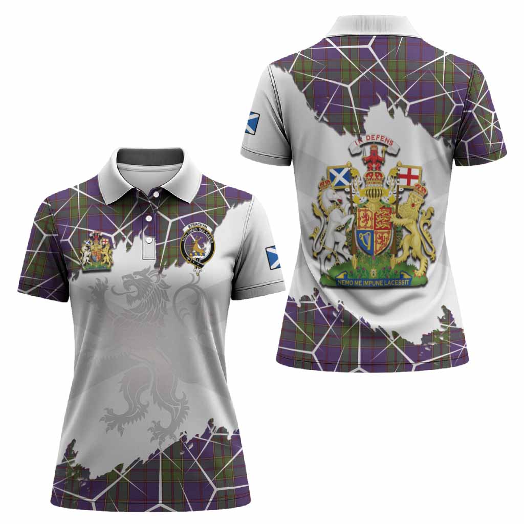 Strachan Tartan Women Polo Shirt with Family Crest and Lion Rampant Grunge Style