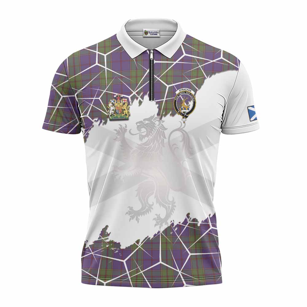 Strachan Tartan Zipper Polo Shirt with Family Crest and Lion Rampant Grunge Style