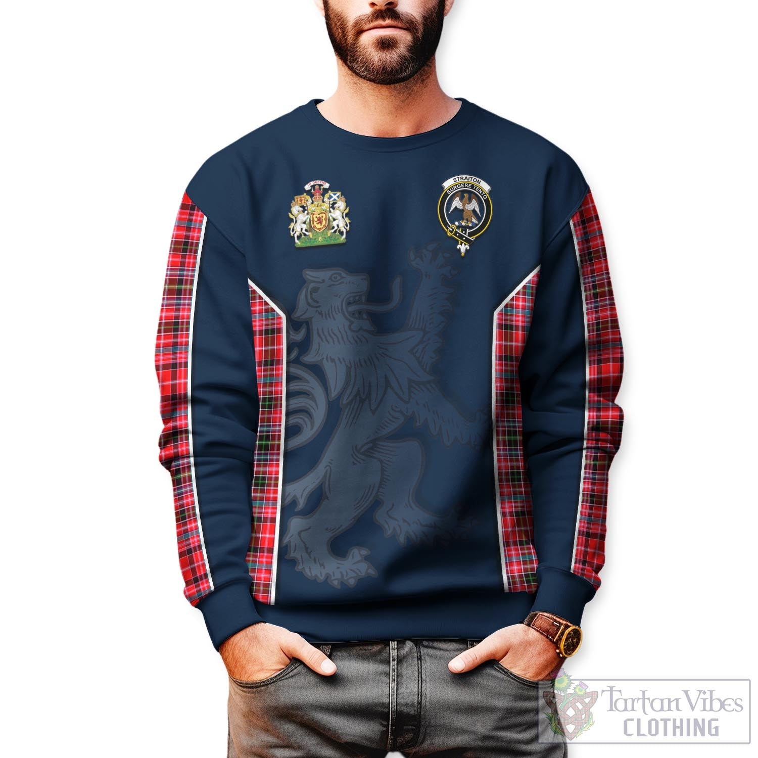 Tartan Vibes Clothing Straiton Tartan Sweater with Family Crest and Lion Rampant Vibes Sport Style