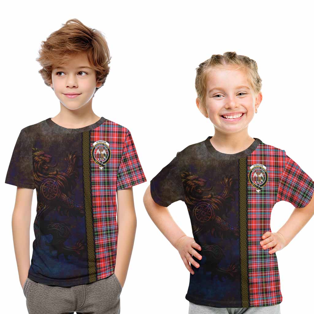 Tartan Vibes Clothing Straiton Tartan Family Crest Kid T-Shirt Alba Gu Brath Be Brave Lion Ancient Style
