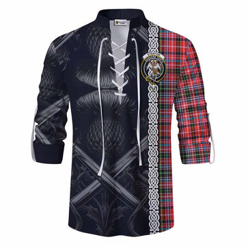 Straiton Tartan Ghillie Kilt Shirt with Family Crest Cross Sword Thistle Celtic Vibes