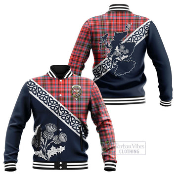 Tartan Vibes Clothing Straiton Tartan Baseball Jacket Featuring Thistle and Scotland Map