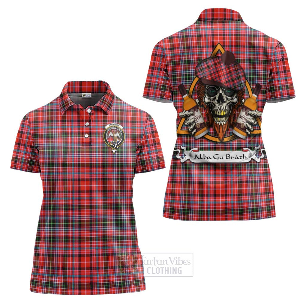 Tartan Vibes Clothing Straiton Tartan Women's Polo Shirt with Family Crest and Bearded Skull Holding Bottles of Whiskey