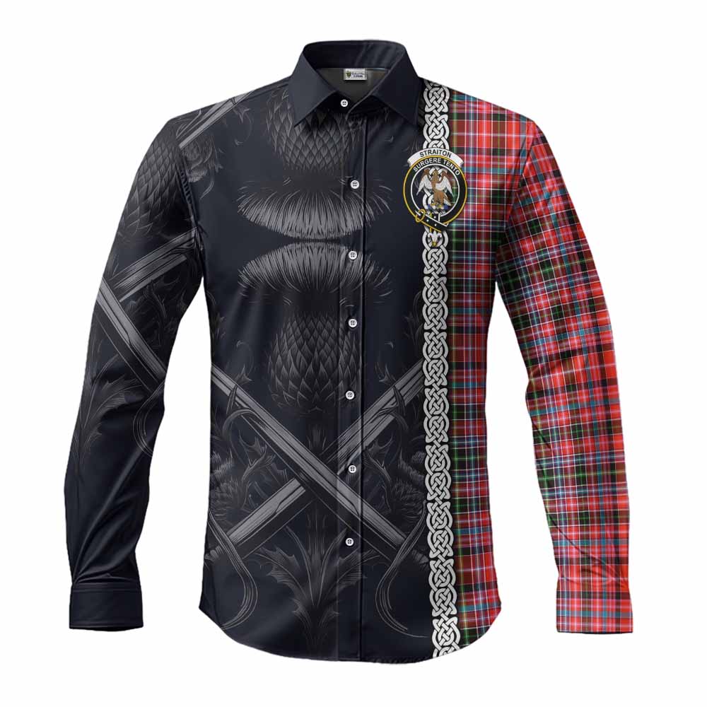 Tartan Vibes Clothing Straiton Tartan Long Sleeve Button Shirt with Family Crest Cross Sword Thistle Celtic Vibes