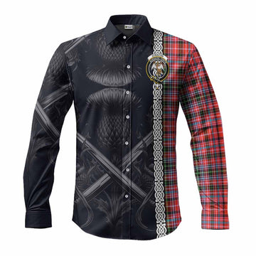Straiton Tartan Long Sleeve Button Shirt with Family Crest Cross Sword Thistle Celtic Vibes