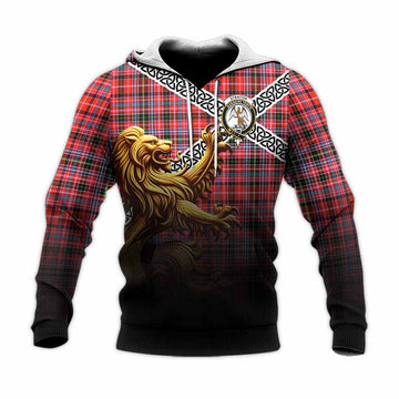 Straiton Crest Tartan Knitted Hoodie with Golden Lion Emblem Celtic Style