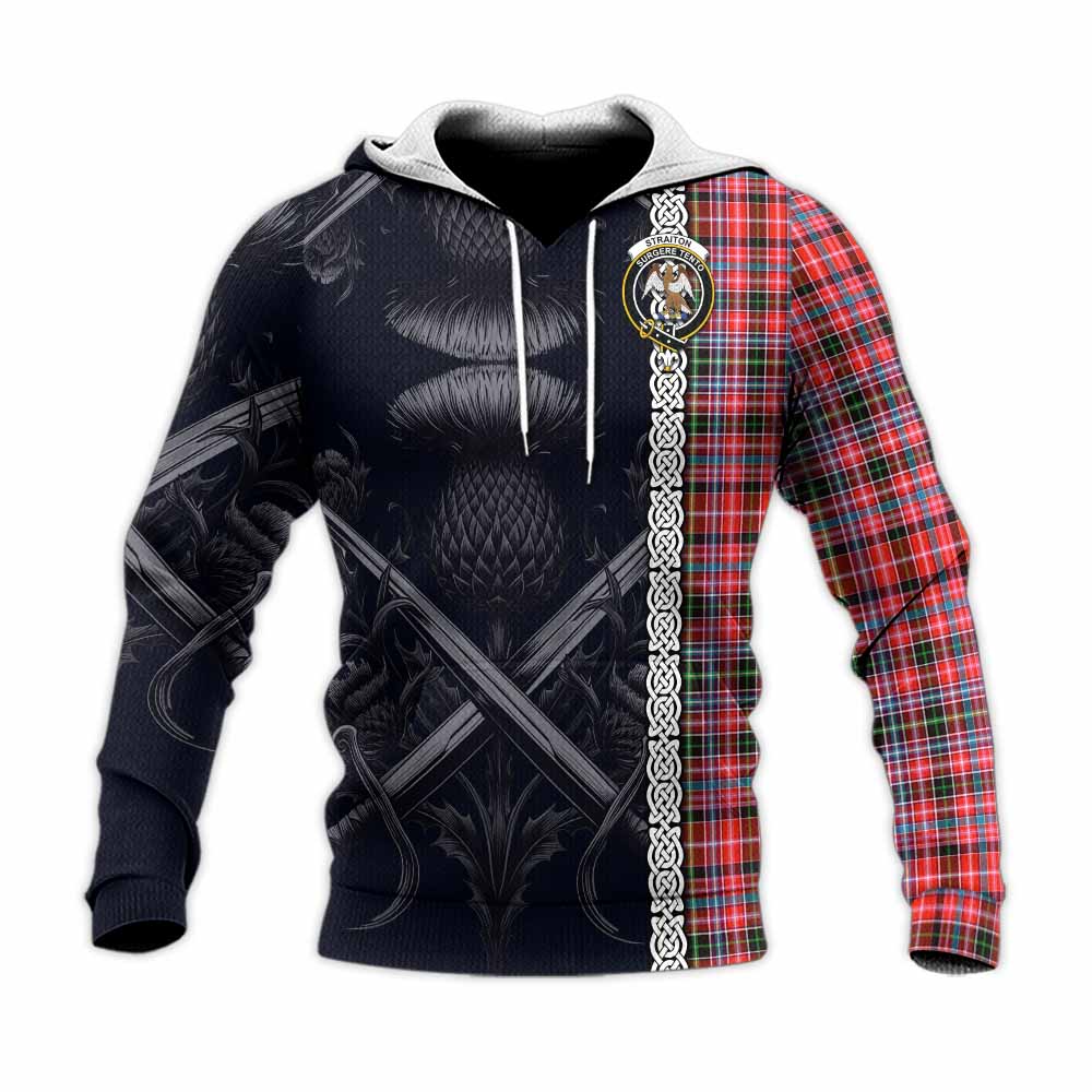 Tartan Vibes Clothing Straiton Tartan Knitted Hoodie with Family Crest Cross Sword Thistle Celtic Vibes