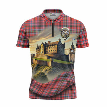 Straiton Tartan Family Crest Zipper Polo Shirt with Scottish Ancient Castle Style